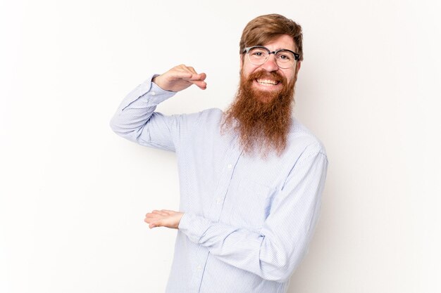 holding something little with forefingers smiling and confident