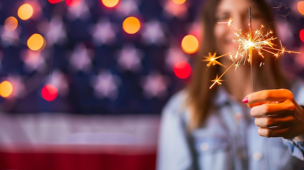 Photo holding a sparkler in front of an american flag to celebrate independence day generative ai