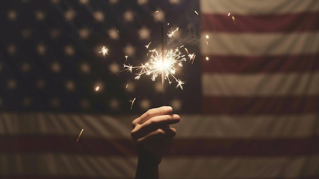 Holding a sparkler in front of an American Flag to celebrate Independence Day generative ai