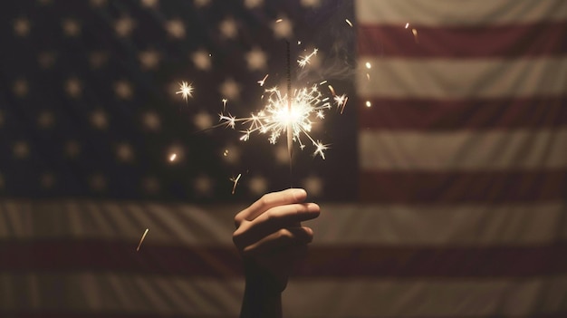 Photo holding a sparkler in front of an american flag to celebrate independence day generative ai