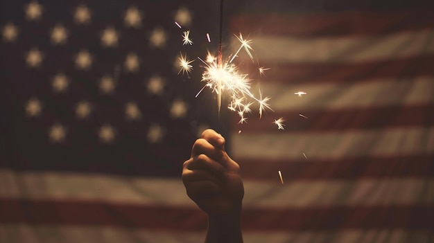 독립기념일을 축하하기 위해 미국 발 앞에 반이는 불꽃을 들고 있습니다.
