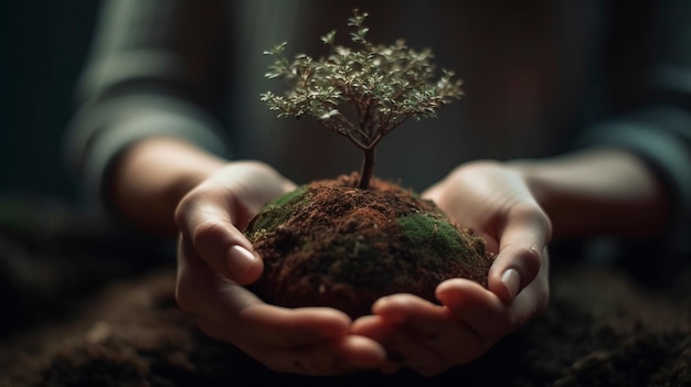 Holding a sprout with earth in his hand Generative AI