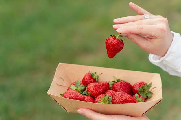 Holding strawberry in hand. Strawberries in disposable eco plate on green wall