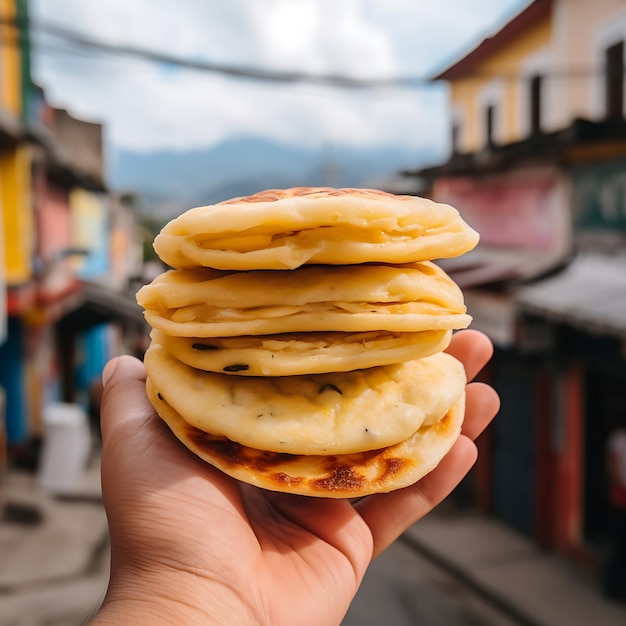 Holding tasty Arepa on background closeupDelicious snack