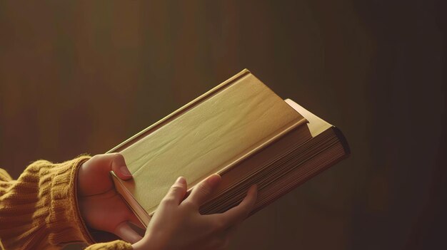 Photo holding a thick book in hands the cover is plain and has a golden color the background is dark with a spotlight shining on the book