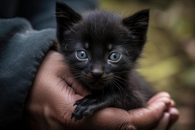 Photo holding a tiny black kitten up close