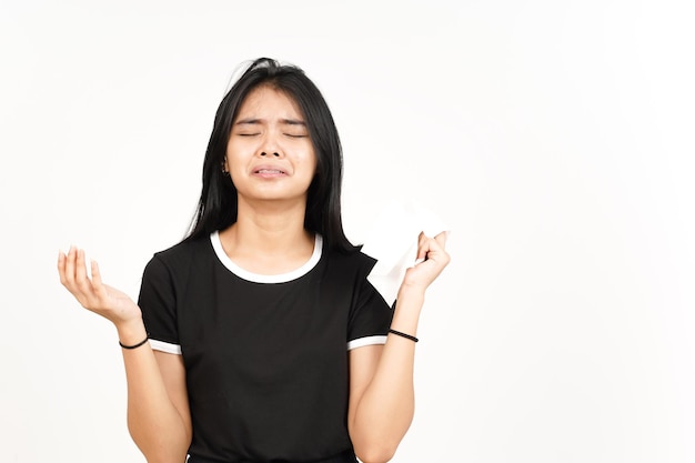 Holding Tissue and Cry of Beautiful Asian Woman Isolated On White Background