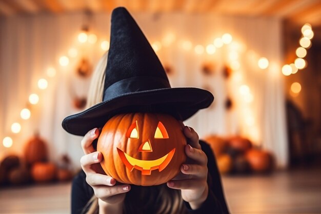 Holding up a closeup of a pumpkin with a wizard hat on it