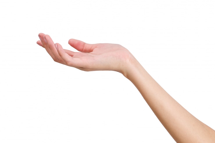 Holding van de vrouwen de lege die hand met voorhandkant op wit wordt geïsoleerd