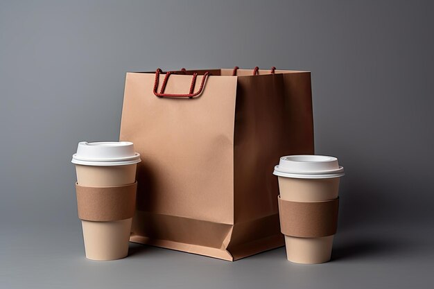 Holding various takeout food containers pizza box coffee cups in holder and paper bag closeup