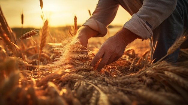 畑で新鮮な小麦を手に持つ