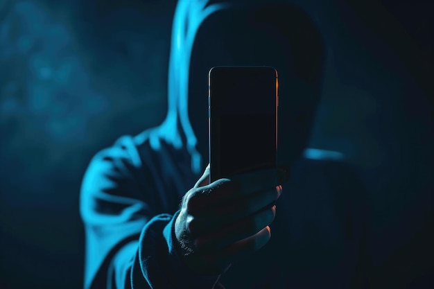 Photo holds the phone on a dark background hacker concept