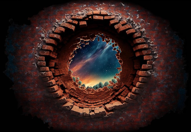 Photo a hole in a brick wall overlooking the sky