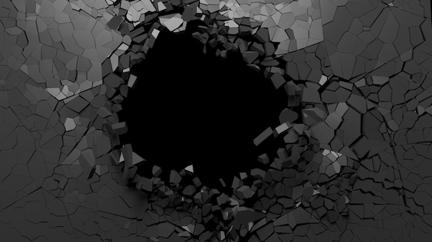 Hole on a broken black wall blank space 3d illustration