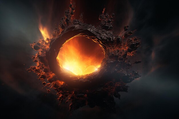 A hole in a dark planet with a fire ring in the center.