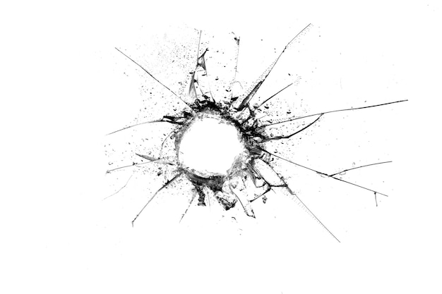 Hole in the glass with cracks isolated on a black background