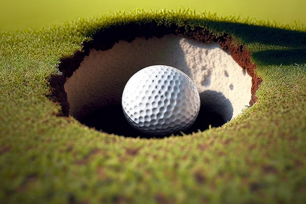 Hole in ground on golf course in which lies white ball