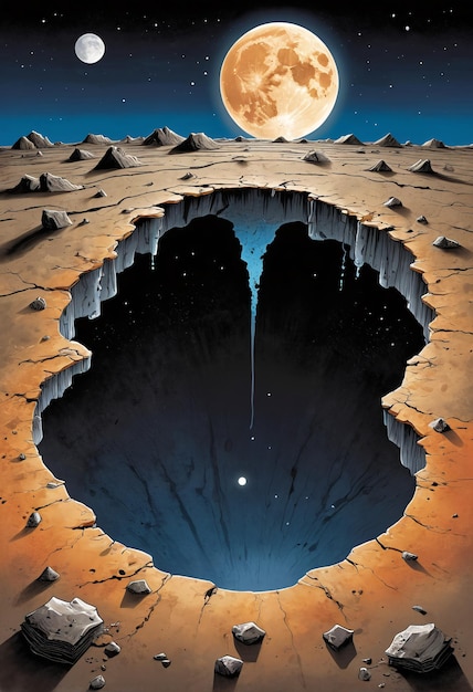 a hole in the ground with a full moon in the background