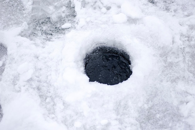 The hole in the ice for ice fishing