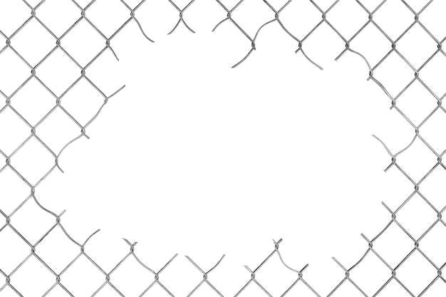 Photo hole in the wire mesh fence on a white background