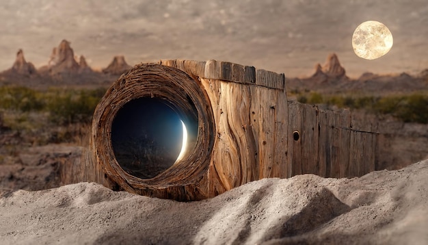 Buco in una botte di legno di notte luna piena con staccionata in legno sullo sfondo del deserto