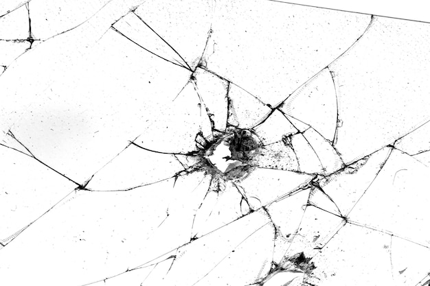 Holes in the glass with cracks isolated on a black background