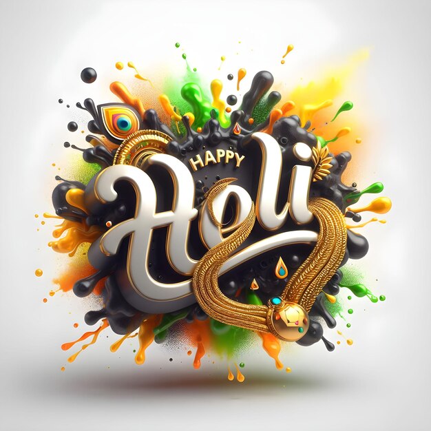 Photo holi 3d wish text gold jewellery happy holi card with color splash background