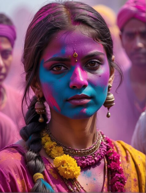 holi celebration portrait of smiling indian woman covered with holi colors