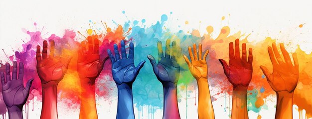 Foto poster celebrativo di holi con persone che alzano mani colorate in aria