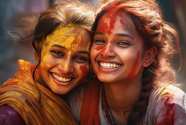 Photo holi celebrations in india two happy indian girls with face painted during holi festival