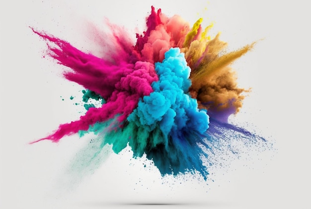 Взрыв цветного порошка Холи с радугой на изолированном белом фоне взрыв ярких цветов Generative AI