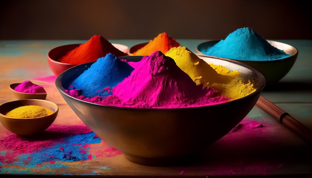 Holi color powder organic gulal colors in bowl generative ai