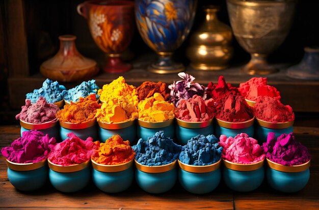 holi color powder in various bowls on a table