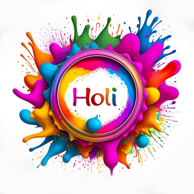 Holi design with a circular ring and color splashes on white background