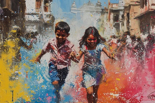 Holi enthic oilpaint Indian festivals kids having fun