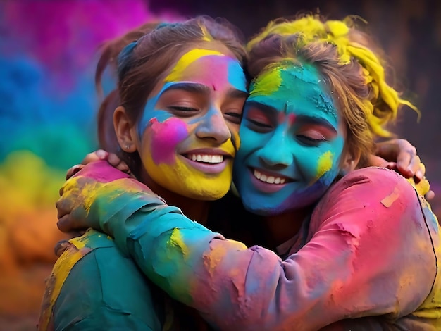 Holi festival in celebration men woman baby together colorful rainbow