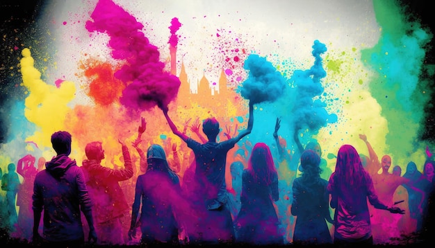 ホーリー祭のお祝いの人々のカラフルなシルエットがお互いに色を塗りつけ、びしょ濡れにする