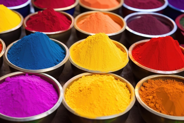 Holi festival color powders neatly arranged