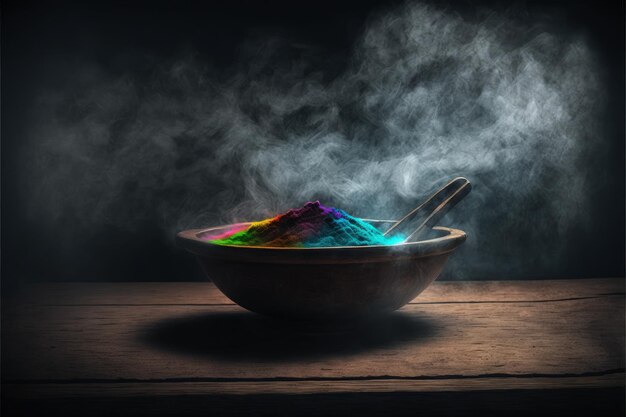 Holi Festival Colored holi powders arranged in a bowl on a dark wooden table Fantasy concept Illustration painting Generative AI