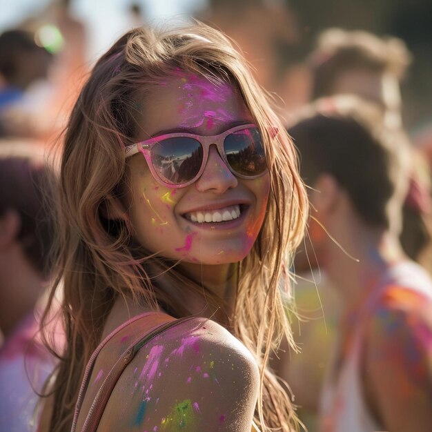 Holi festival of colors several young people in the summer at the festival of colors