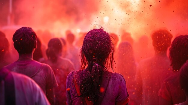 Holi Festival Of Colours Portrait of happy indian girl in traditional hindu sari on holi color india woman silver jewelry with powder paint on dress colorful pink and blue hair in Goa Kerala