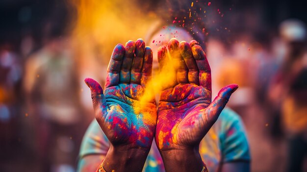 Photo holi festival of colours portrait of happy indian girl in traditional hindu sari on holi color india woman silver jewelry with powder paint on dress colorful pink and blue hair in goa kerala