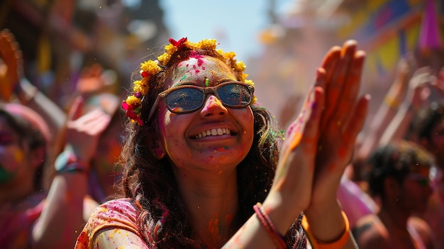 Photo holi festival of colours portrait of happy indian girl in traditional hindu sari on holi color india woman silver jewelry with powder paint on dress colorful pink and blue hair in goa kerala