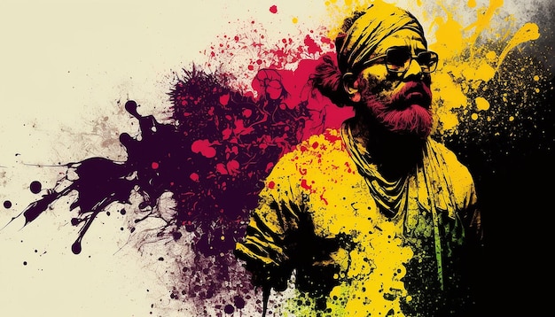 Холи Фестиваль красок. Портрет индийского мужчины с бородой и брызгами цвета холи. Генеративный ИИ