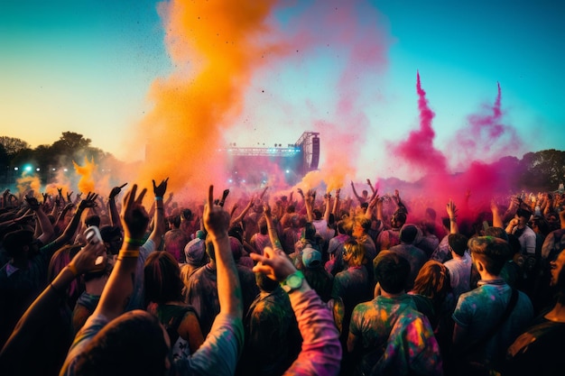 Foto festa di holi dahan un'esplosione di colori mentre la folla lancia vernici in polvere dai colori vivaci nell'ai