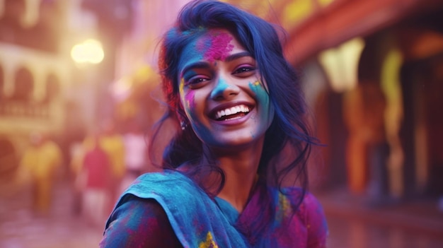 Holi Festival Indiase meisje vrouw met poederverf op jurk Illustratie AI generatie