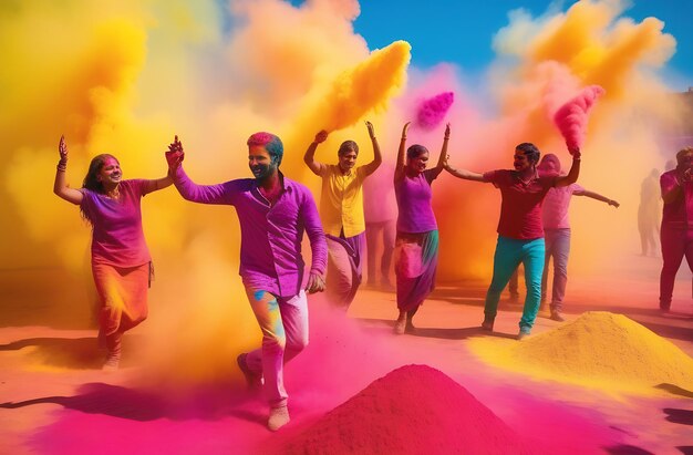 Holi Festival participants celebrate by throwing colored powders and water at each other