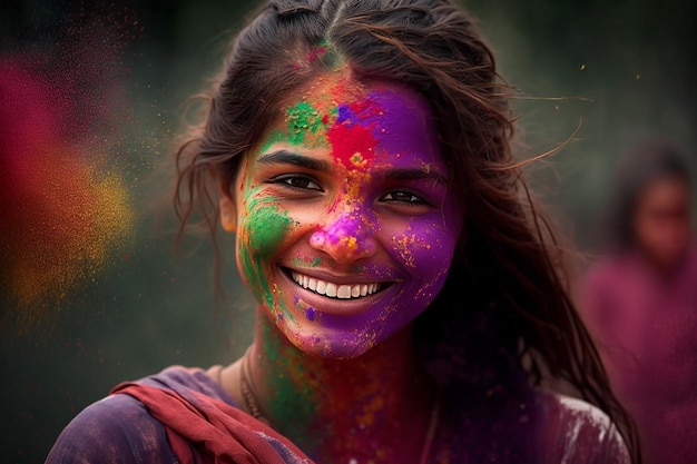 Holi festival portrait of a young woman Colorful holi powder Generative AI