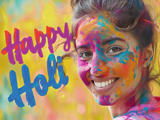 Плакат фестиваля Холи Женщина улыбается с текстом Счастливого Холи