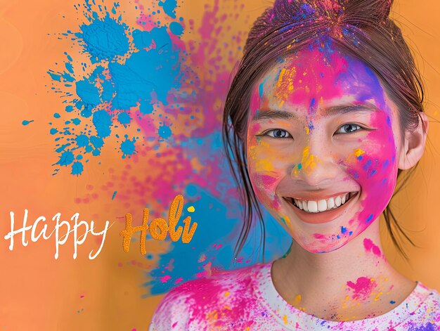 Holi festival poster Woman smiling with Happy Holi text